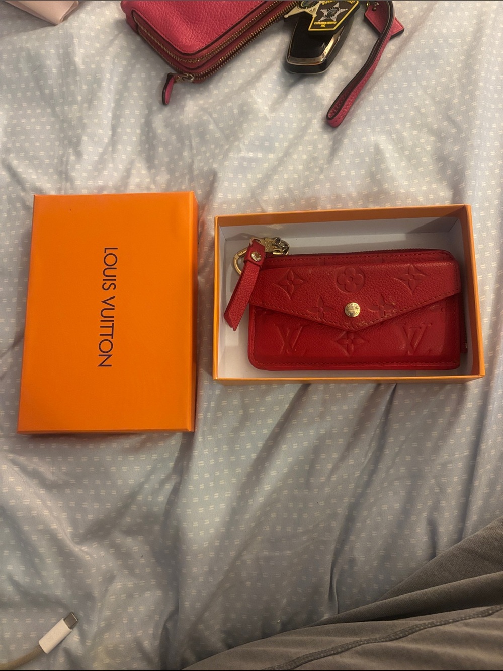 Red Embossed Leather Key Pouch with Gold Hardware